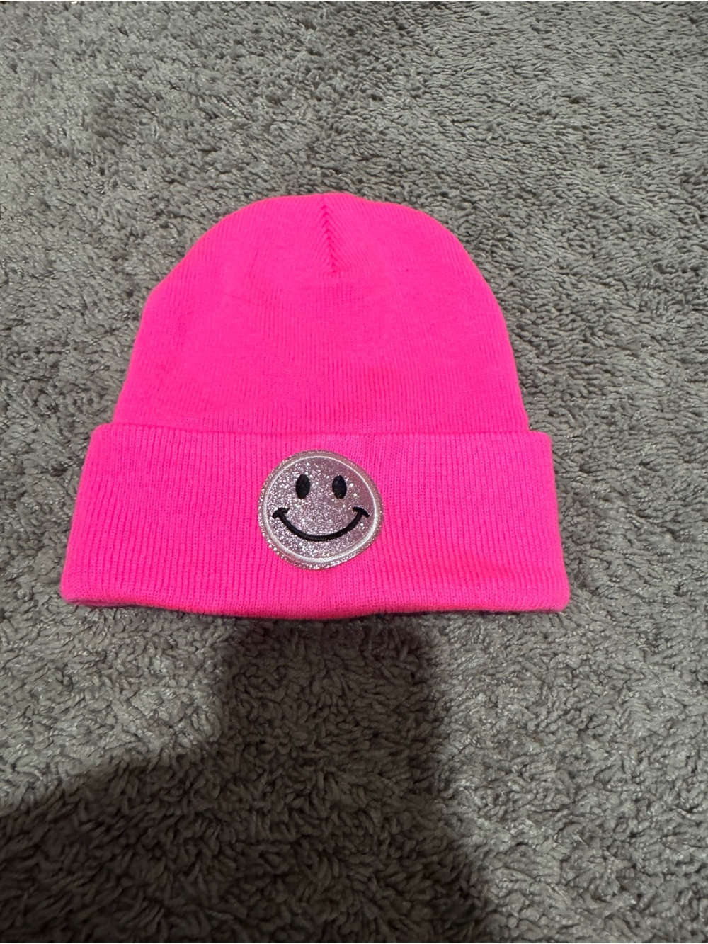 Hot Pink Beanie with Smiley Patch